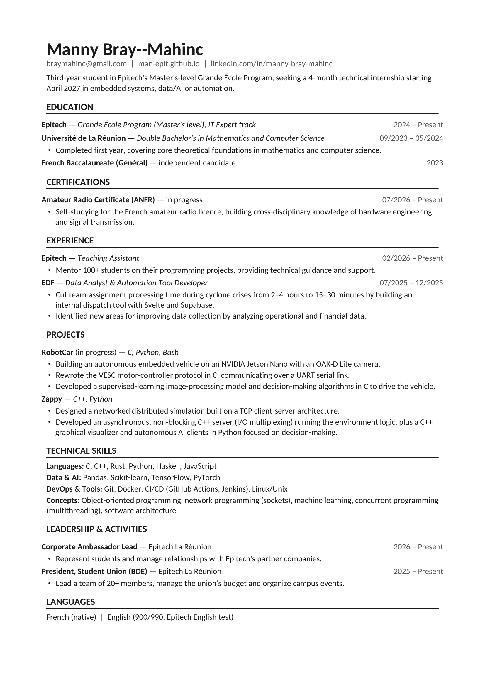 CV Manny Bray-Mahinc, page 1