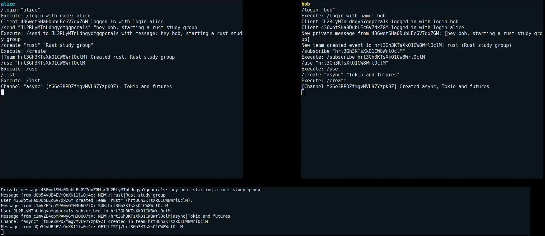 Journal du serveur et notifications en direct sur les deux clients