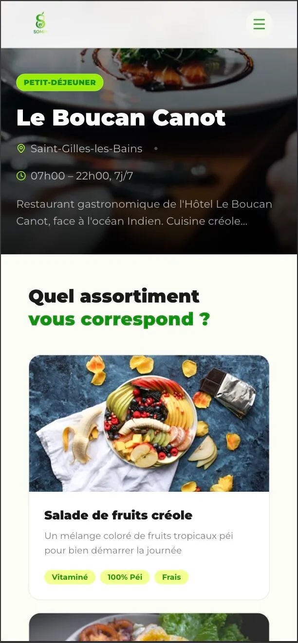 Page du buffet avec des assortiments de plats locaux suggérés
